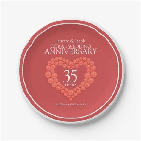 Coral 35th Wedding Anniversary Heart Paper Plate