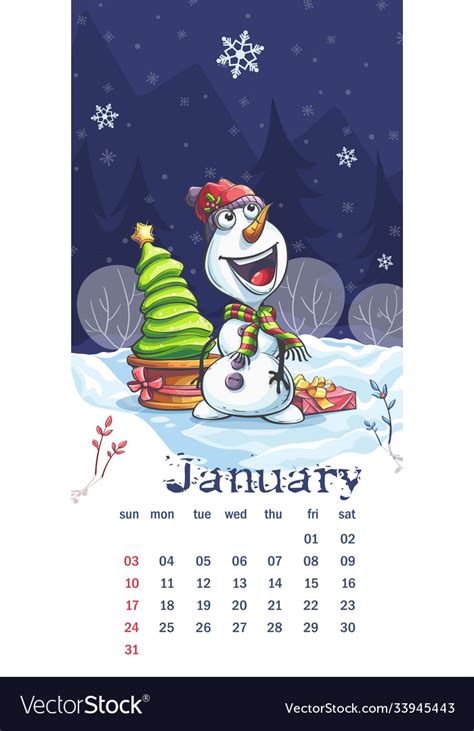 2021 Calendar January Funny Cartoon Snowman Vector Image