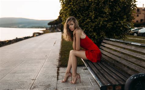 X Model Sitting On Bench In Red Dress K Hd K Wallpapers