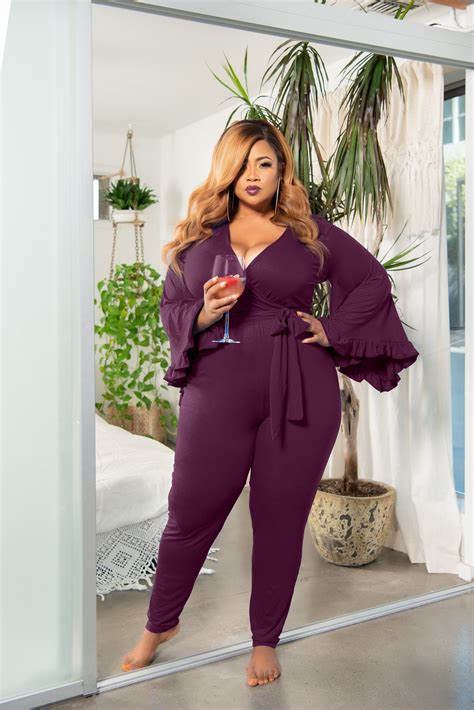New Plus Size Exclusive Faux Wrap Jumpsuit With Bell Sleeves In Plum