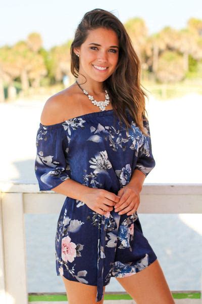 navy floral off shoulder romper rompers saved by the dress