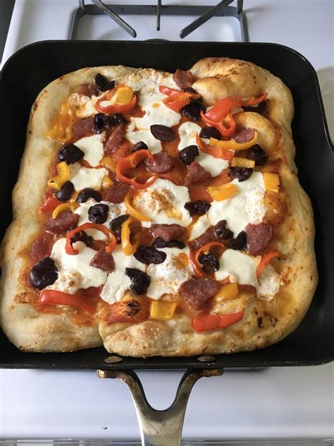 Homemade Crispy Pan Pizza With Fresh Mozzarella Salami Bell Peppers