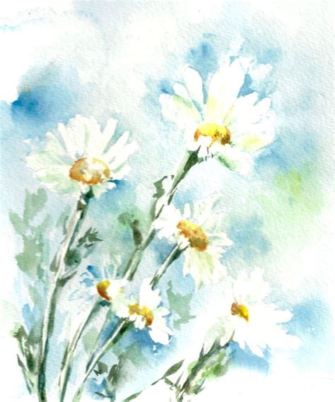 Watercolor Painting Art Print Daisy Flowers Painting Watercolour Wall
