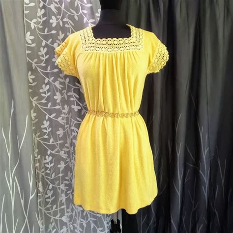 Terry Cloth Dress Vintage Yellow Grecian Pool Cover Up Embroidered Lace Neckline And Sleeves
