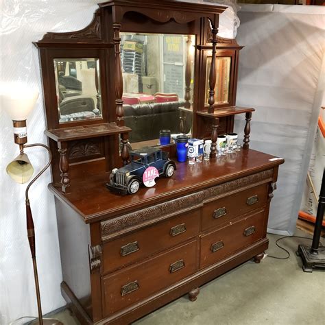 2 Pc Antique 6 Drawer Buffet And Mirrored Hutch