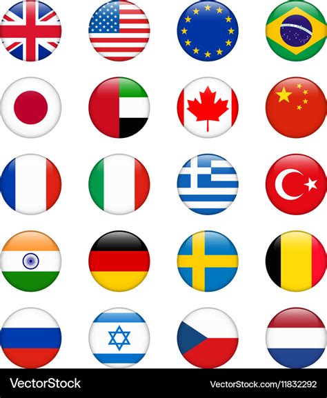 Set Popular Country Flags Glossy Round Icon Set Vector Image