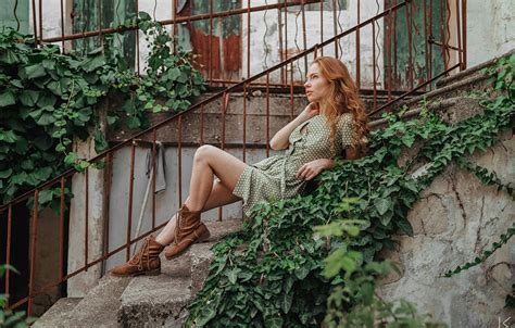 Wallpaper Dress Model Women Redhead Plants Sitting Boots Stairs