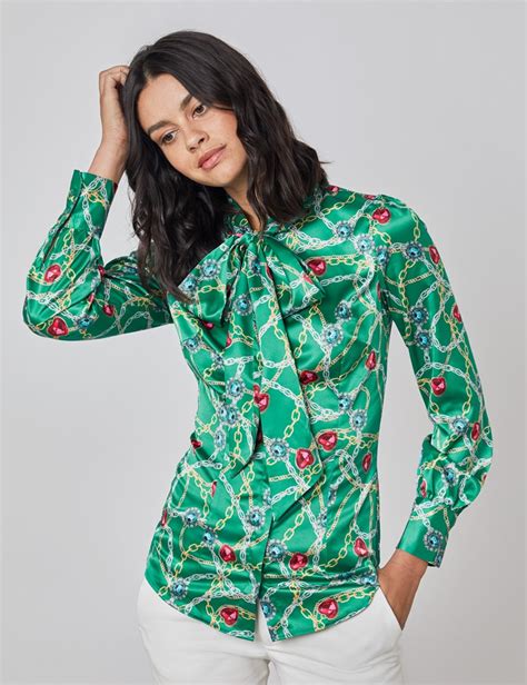 Print Fitted Womens Satin Blouse With Single Cuff In Green And Gold Pussy Hawes And Curtis Uk