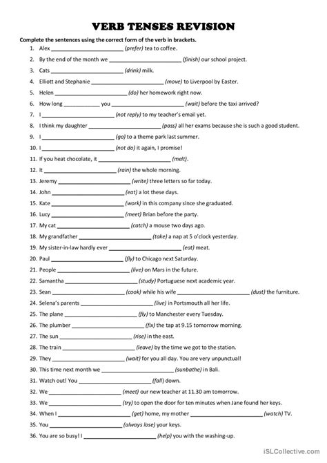 VERB TENSES Revision Exercise Gene English ESL Worksheets Pdf Doc