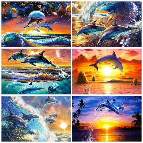 Huacan 5d Diy Diamond Painting Dolphin Animal Embroidery Home