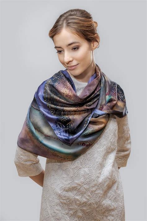 Beautiful Fashion Model Posing With Colorful Silk Scarf Stock Photo