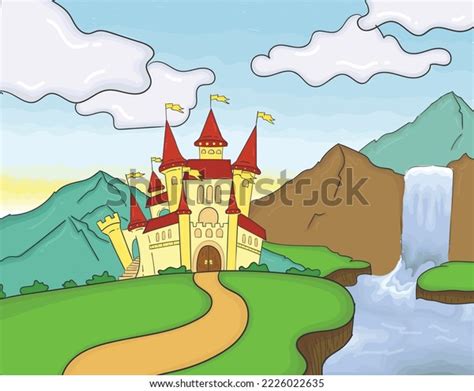 Castle Waterfall Beauty Mountain Cartoon Stock Vector Royalty Free