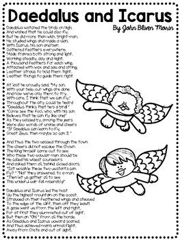 Greek Mythology Daedalus and Icarus Poem Reading Comprehension Worksheet