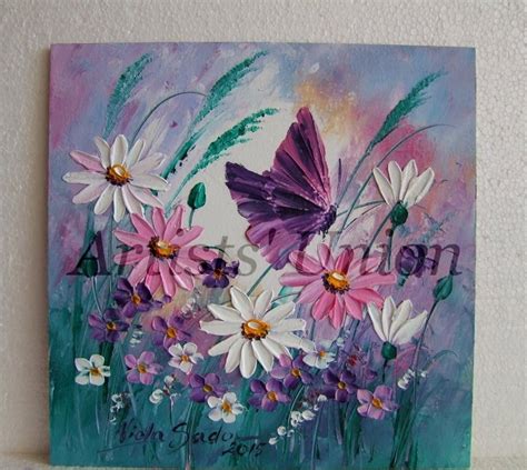 Daisies Original Oil Painting Butterfly Pink White Wild