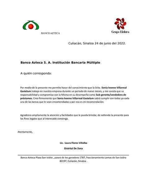 Carta Laboral Banco Azteca Culiacán Sinaloa 24 De Junio Del 2022