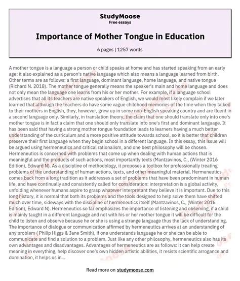 Importance Of Mother Tongue In Education Free Essay Example