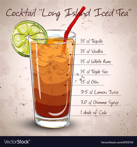 A long island iced tea is a type of alcoholic mixed drink typically made with vodka, tequila, light rum, triple sec, gin, and a splash of cola, which gives the drink the same amber hue as iced tea. Cocktail Long Island Iced Tea Royalty Free Vector Image