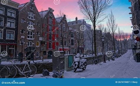 Snowy Amsterdam At The Red Light District In Winter In The Netherlands