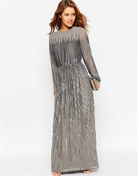 Asos Petite Linear Sequin Long Sleeve Maxi Dress In Gray Lyst