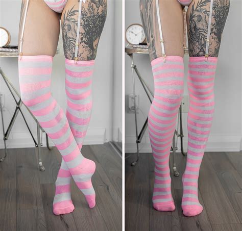 Pink Knee High Striped Socks Sexy Anime Cosplay Lewd Etsy