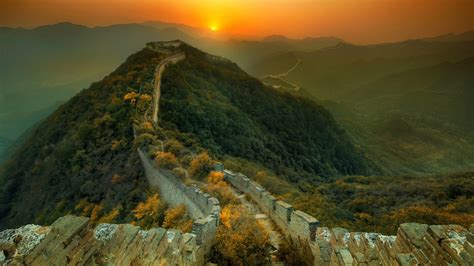 Green Mountain Great Wall Of China Architecture Sunset Hills Hd