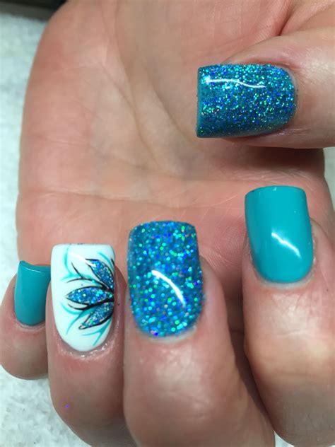 Turquoise And White With Glitter Nails Nailart Cute Nail Art