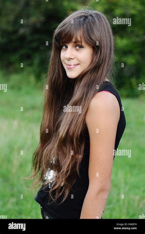 Girl Teen Teenager Transition Age 13 14 15 Years Brunette Hair Long Dark Nature Park Open Air