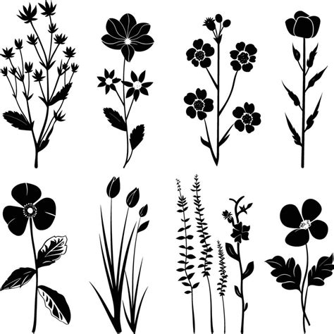 Ai Generated Silhouette Spring Flower Collection Black Color Only