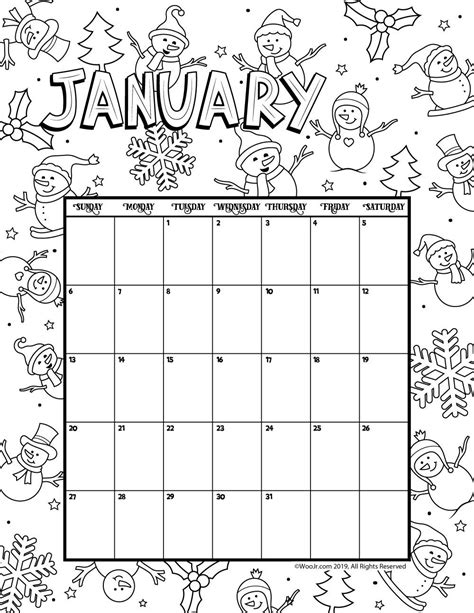 January 2019 Coloring Calendar January Calendar Calendar 2019