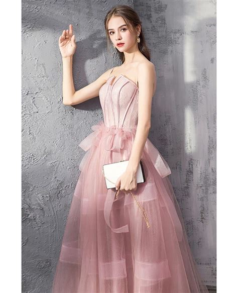 Rose Pink Tulle Party Prom Dress Corset With Spaghetti Straps Dm69041