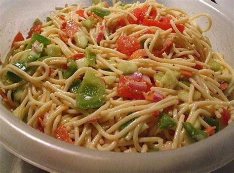 Spaghetti, pepperoni, mushrooms, tomatoes, green olives and parmesan cheese is tossed in an italian salad dressing. Cold Spaghetti Salad Recipe | Just A Pinch Recipes