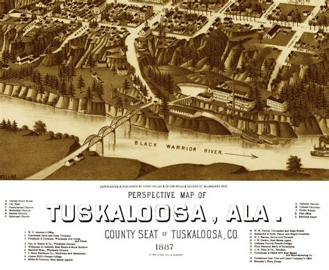 Tuscaloosa Alabama In 1887 Birds Eye View Map Aerial Panorama