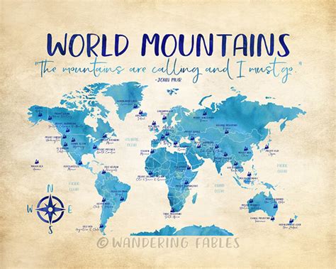 World Mountains Map Famous Mountains Of The World Take Me Etsy Norway