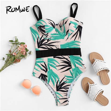 Romwe Sport Tropical Leaf Print Bustier Straps One Piece Swimsuit Women