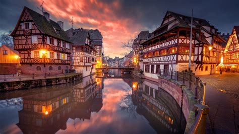 Architecture Building City Cityscape Strasbourg France Old Building House Lights Sunset