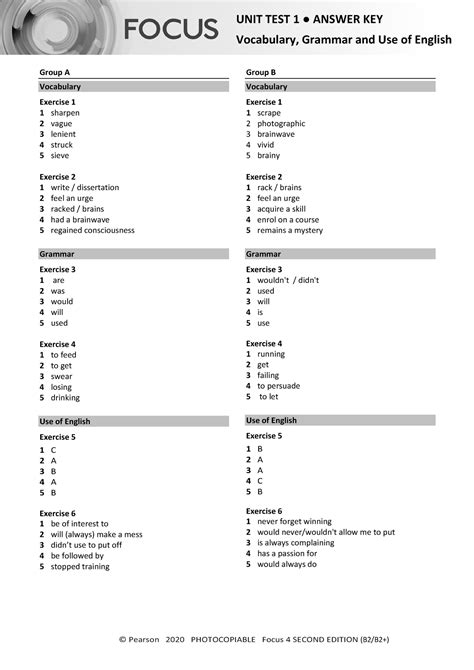 Focus 4 2e Unit Test Vocabulary Grammar Uo E Unit1 Group A B Answers