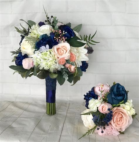 Navy Wedding Bouquetblush Bridal Bouquetnavy Blue And Blush Etsy