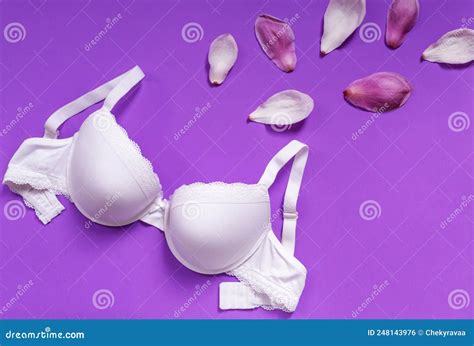 White New Bra On A Violet Background Bra Lace Lingerie On A Very Peri Purple Background