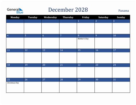 December 2028 Panama Monthly Calendar With Holidays
