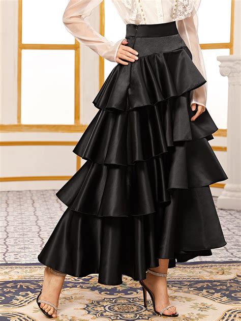 Long Ruffle Skirt Outfit Layered Skirt Outfit Satin Maxi Skirt