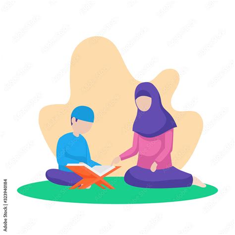 muslim mother teach her son reading quran the holy book of islam vector flat illustration at