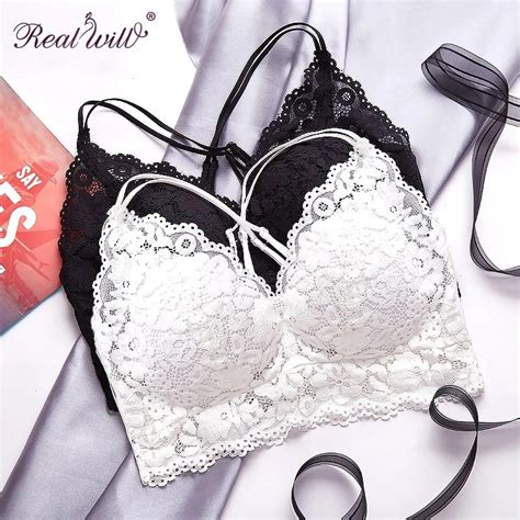 Realwill Bra Wire Free Bras For Women Thin Cotton Lace Black White Y Line Straps None Closure