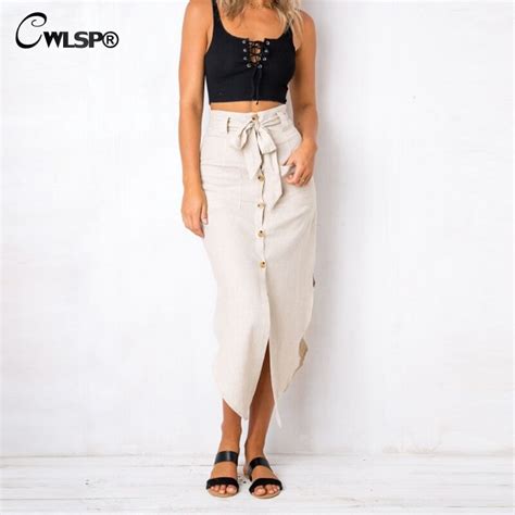 cwlsp beige irregular split summer belt skirt women mid calf skirts with buttons casual beach