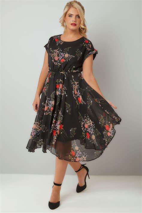Black Multi Vintage Floral Print Chiffon Dress With Hanky Hem Plus