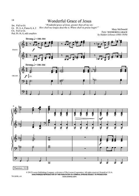 Wonderful Grace Of Jesus Sheet Music For Organ And Piano Duet Sheet