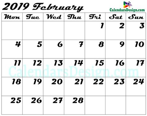 Blank February Calendar 2019 Template Calendar 2019 Template 2019