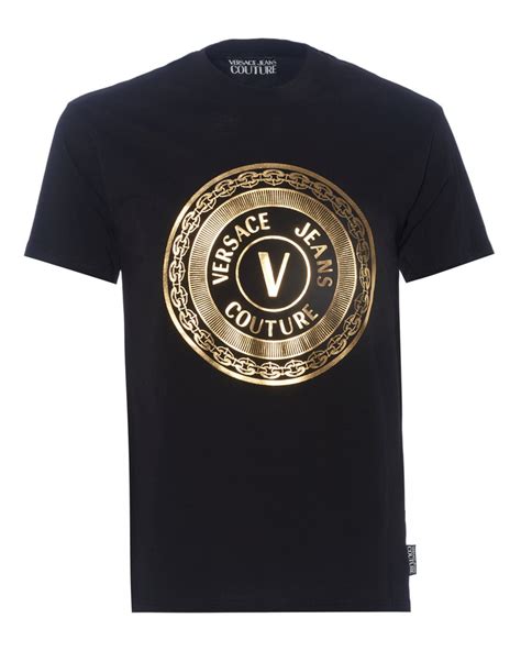 Versace Jeans Couture Mens Gold Foil V Emblem Print T Shirt Black Tee