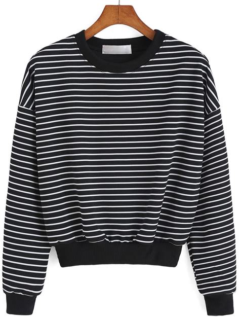 Round Neck Striped Black Sweatshirt Sheinsheinside