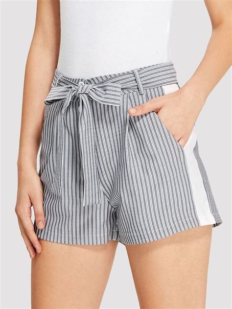 Self Tie Waist Striped Shorts Short Women Fashion Casual Summer