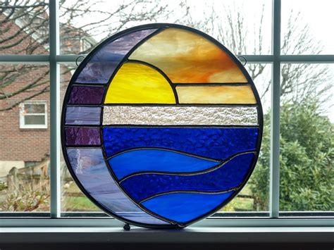 Moon And Sun Over Water Round Stained Glass Panel Suncatcher Purple